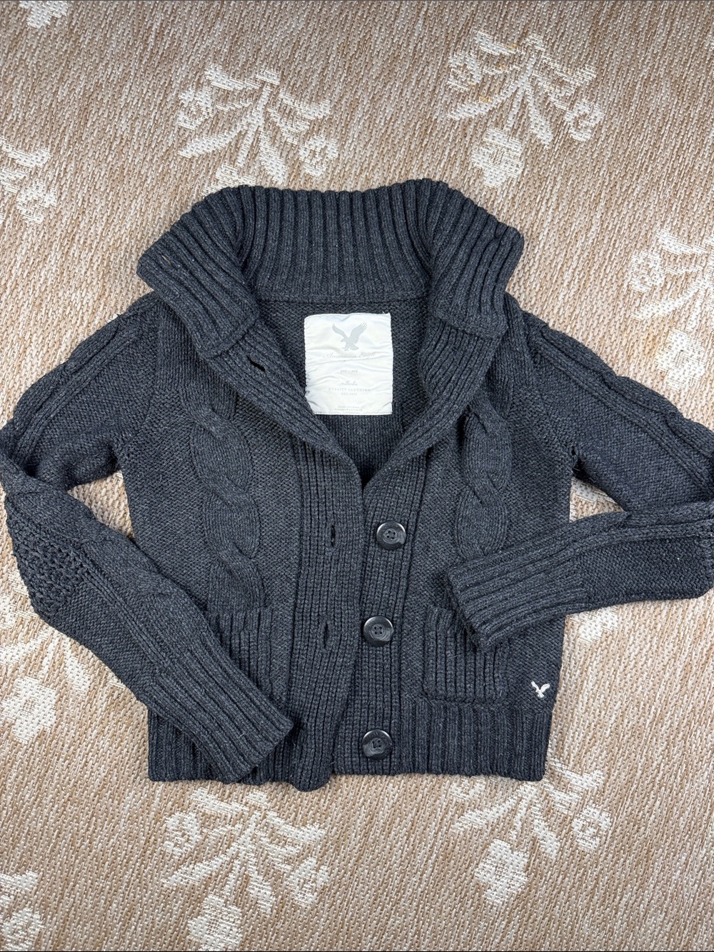American Eagle Outfitters Charcoal Cable Knit Shawl Collar Cardigan